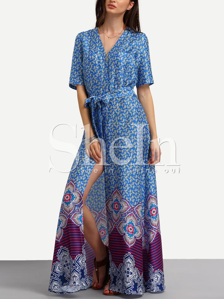 Shein Multicolor Print Self-tie Waist Split Maxi Dress