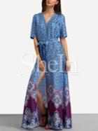 Shein Multicolor Print Self-tie Waist Split Maxi Dress