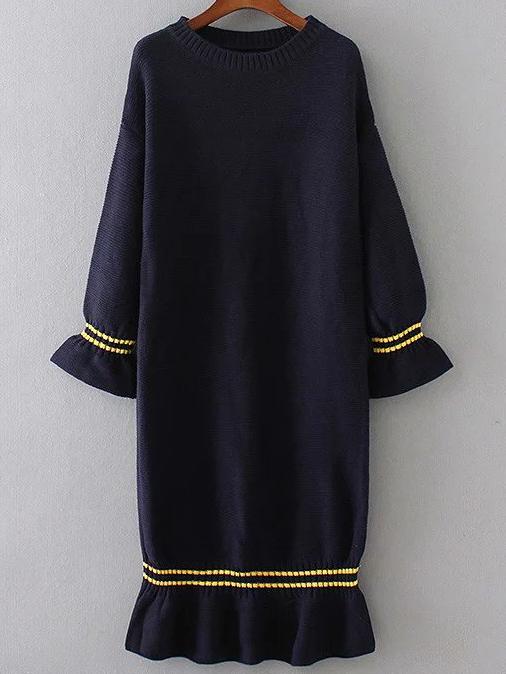 Shein Navy Bell Sleeve Ruffle Hem Knit Dress