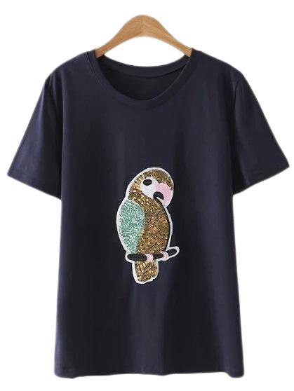 Shein Black Short Sleeve Parrot Sequined T-shirt