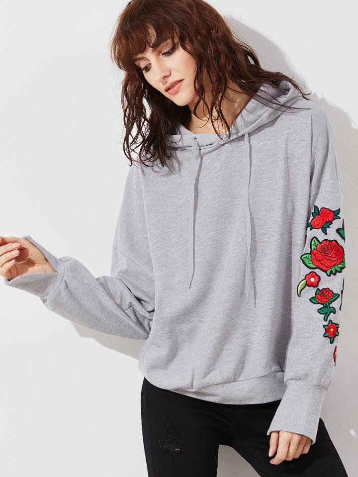 Shein Heather Grey Embroidered Rose Applique Dolman Sleeve Hoodie