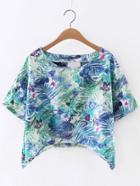 Shein Green Short Sleeve Knit Flowers Printed Blouse