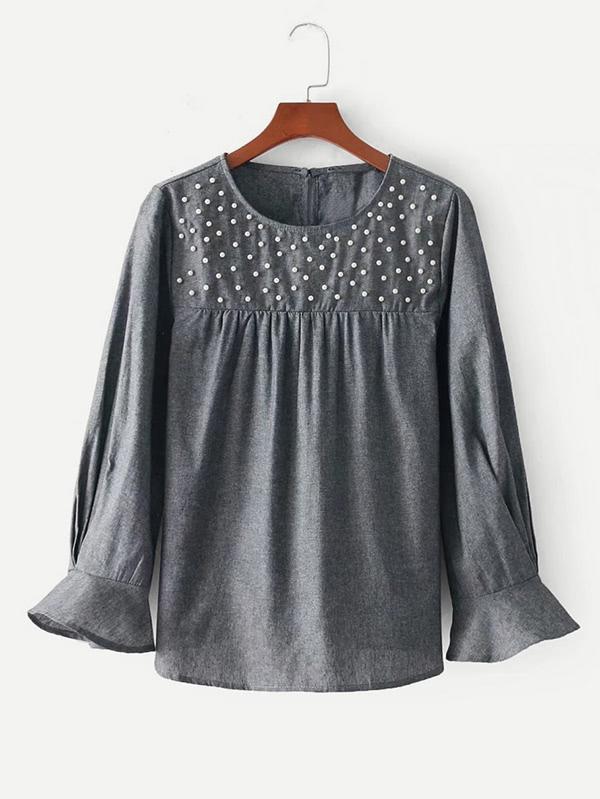 Shein Pearl Beaded Flounce Sleeve Blouse