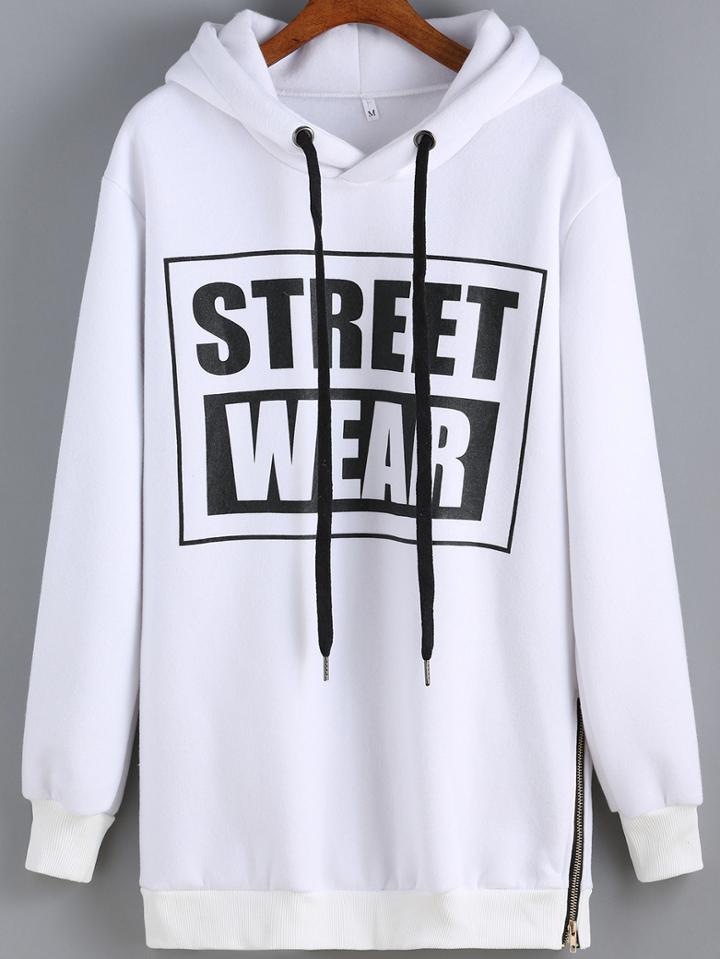 Shein White Hooded Street Wear Print Sweatshirt