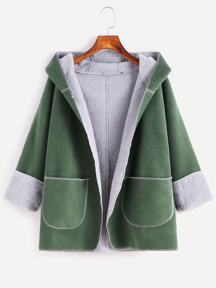 Shein Green Dual Pocket Front Sherpa Lined Hooded Coat