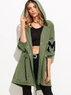Shein Army Green Letter Print Hooded Drawstring Coat