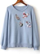 Shein Blue Embroidery Raglan Sleeve Sweater With Sequin