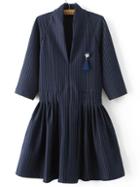 Shein Navy Vertical Striped V Neck Dress With Brooch