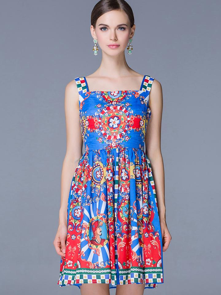 Shein Blue Spaghetti Strap Sleeveless Print Pockets Dress