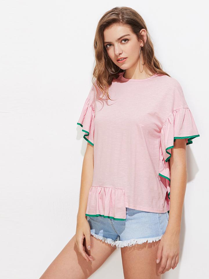 Shein Contrast Binding Frill Trim Stepped Hem Slub Tee