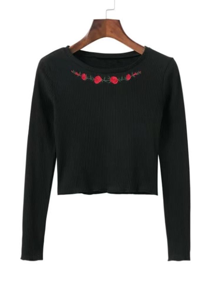 Shein Rose Embroidery Slim Fit Ribbed Knit Sweater
