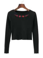 Shein Rose Embroidery Slim Fit Ribbed Knit Sweater