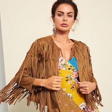 Shein Tiered Fringe Embellished Suede Jacket