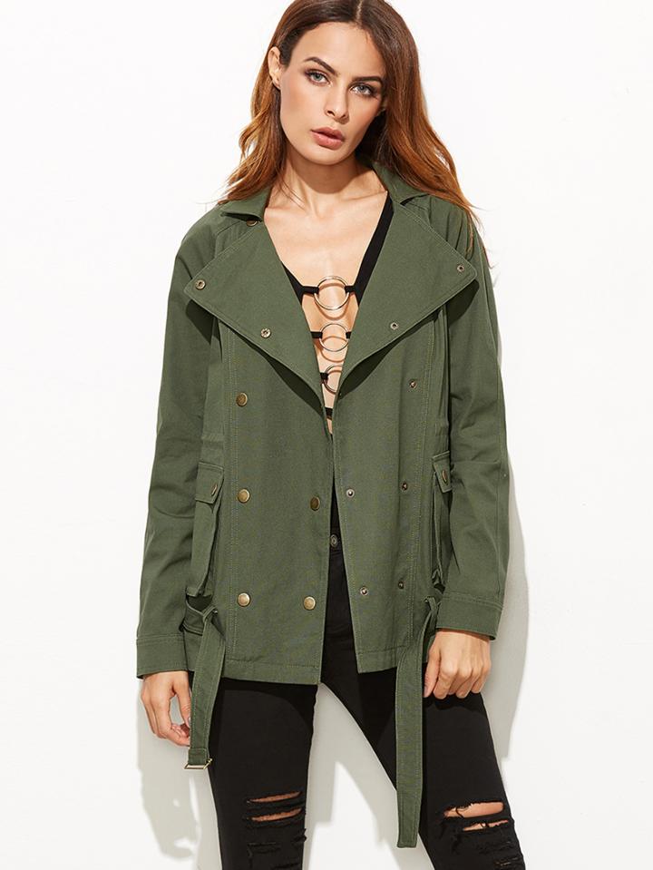 Shein Olive Green Raglan Sleeve Belted Hem Utility Jacket