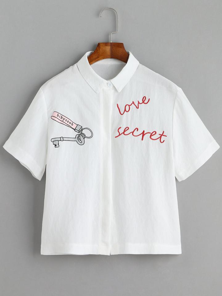 Shein White Print Embroidered Shirt