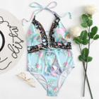 Shein Lace Up Front Flower Print Swimsuit