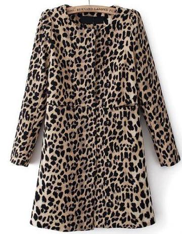 Shein Leopard Long Sleeve Covered Button Pockets Coat