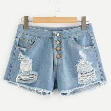 Shein Ripped Raw Hem Button Front Denim Shorts