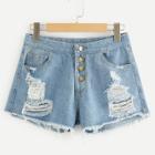 Shein Ripped Raw Hem Button Front Denim Shorts