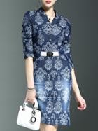 Shein Blue Bow Elastic-waist Pockets Denim Dress