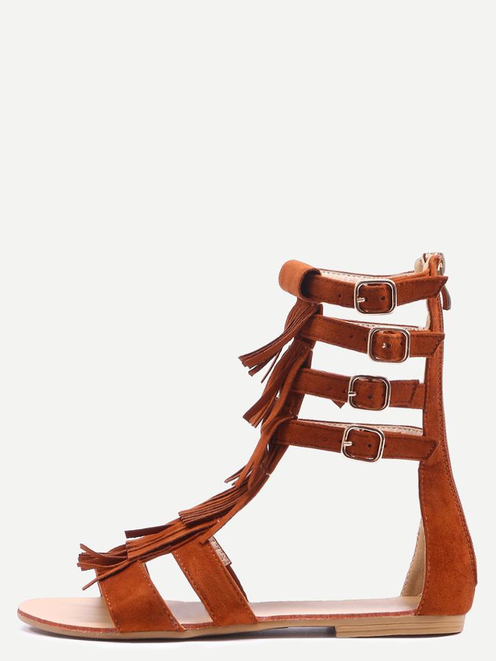 Shein Light Tan Faux Suede Fringe Gladiator Sandals