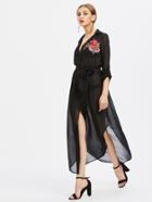 Shein Curved Hem Sheer Shirt Dress With Embroidered Applique