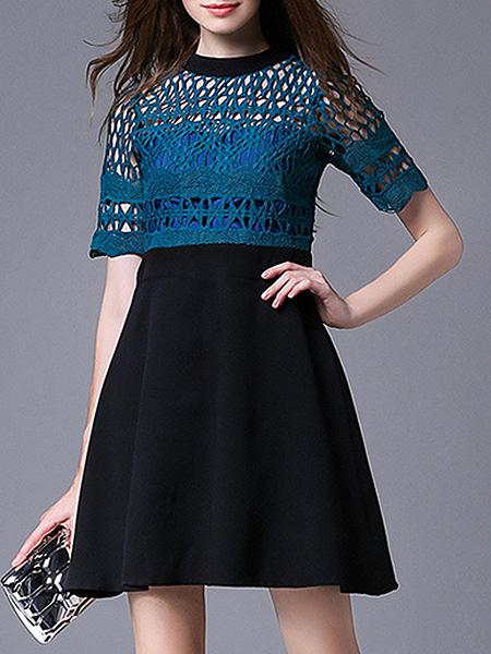 Shein Blue Crochet Hollow Out Combo Dress