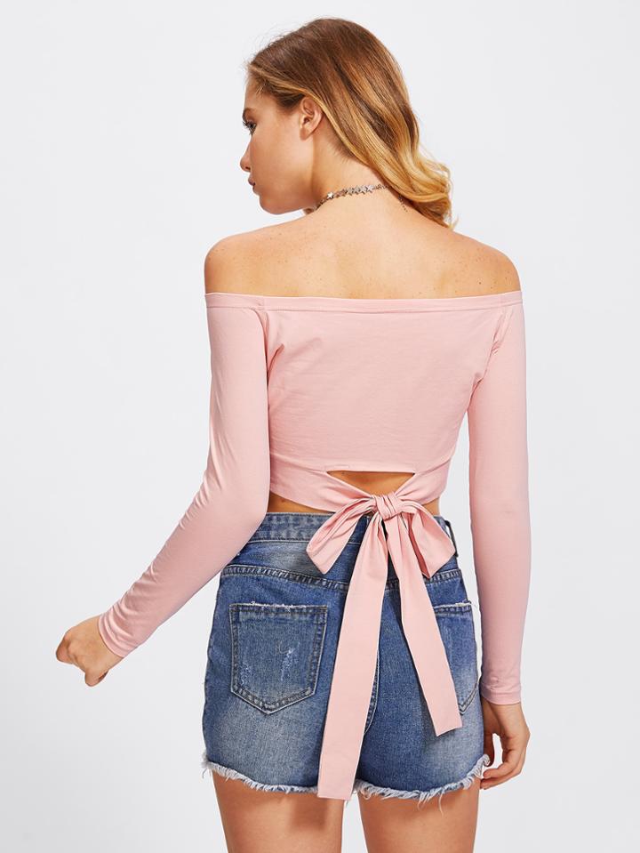 Shein Bardot Bow Tie Back Crop Tee