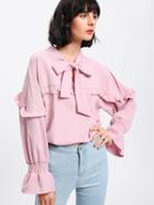 Shein Bow Tie Neck Ruffle Elastic Cuff Shirt