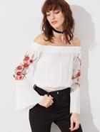 Shein White Off The Shoulder Embroidered Blossom Applique Bell Sleeve Top