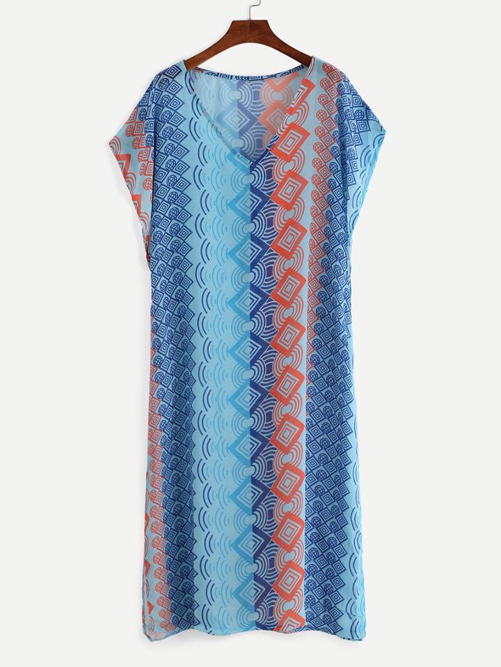 Shein V Neck Geometric Print Shift Chiffon Beach Dress