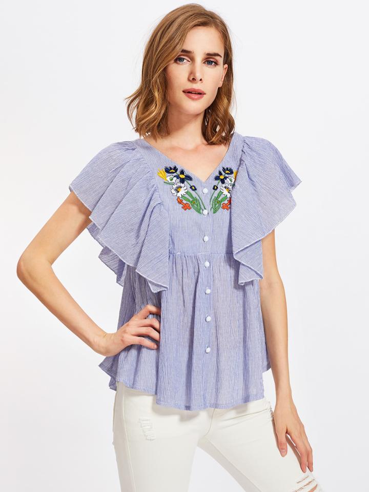 Shein Flutter Sleeve Embroidered Smock Blouse