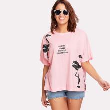 Shein Plus Flamingo Print Slit Side Tee