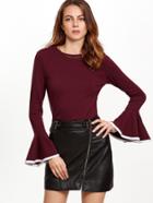 Shein Burgundy Contrast Binding Bell Sleeve T-shirt