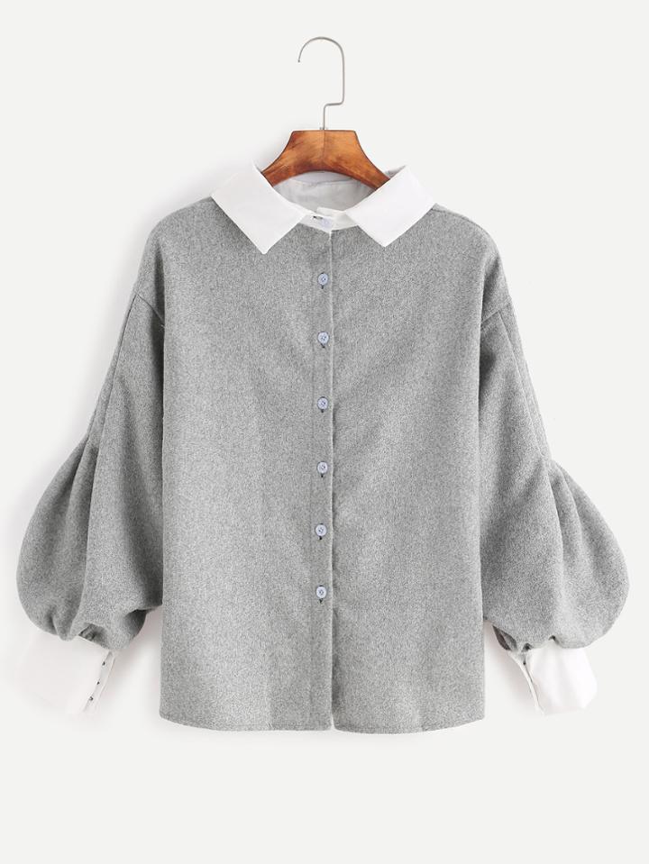 Shein Lantern Sleeve Contrast Trim Button Back Blouse