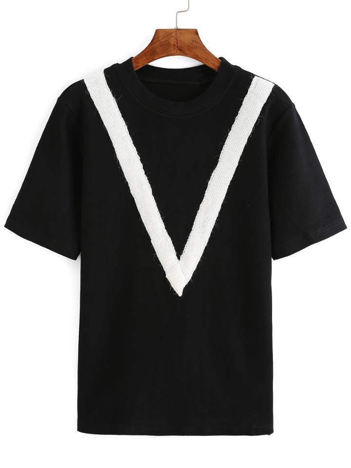 Shein Contrast V Pattern Black T-shirt