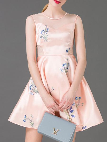 Shein Pink Crew Neck Embroidered A-line Dress