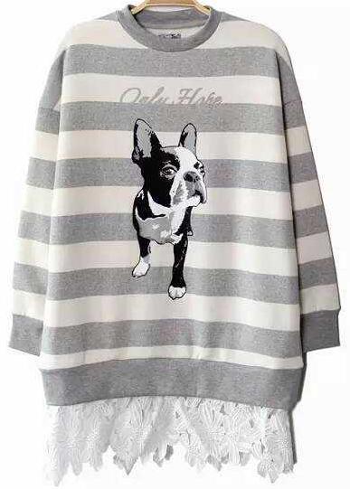 Shein Grey Striped Dog Animals Print Sweater With Lace Bottom
