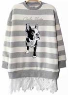 Shein Grey Striped Dog Animals Print Sweater With Lace Bottom