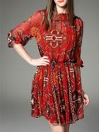 Shein Red Ruffle Elastic-waist Print Dress