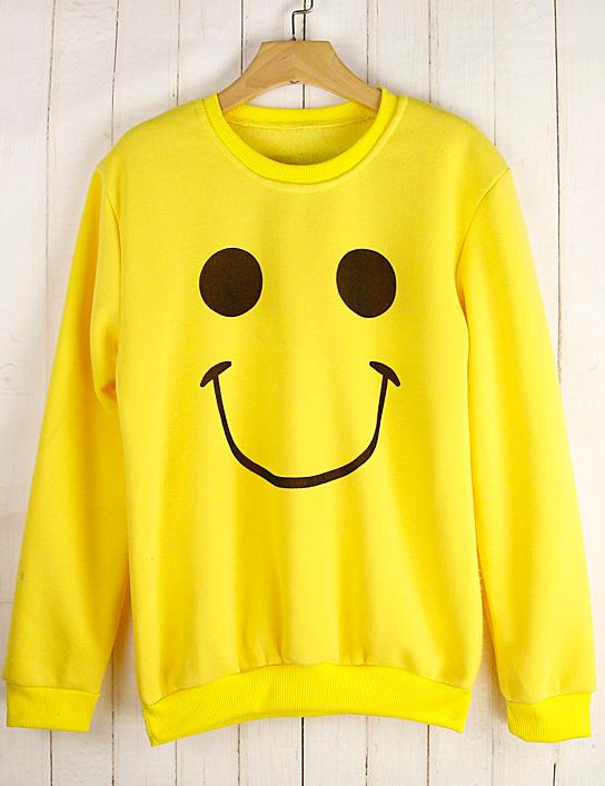Shein Yellow Round Neck Smile Print Sweatshirt