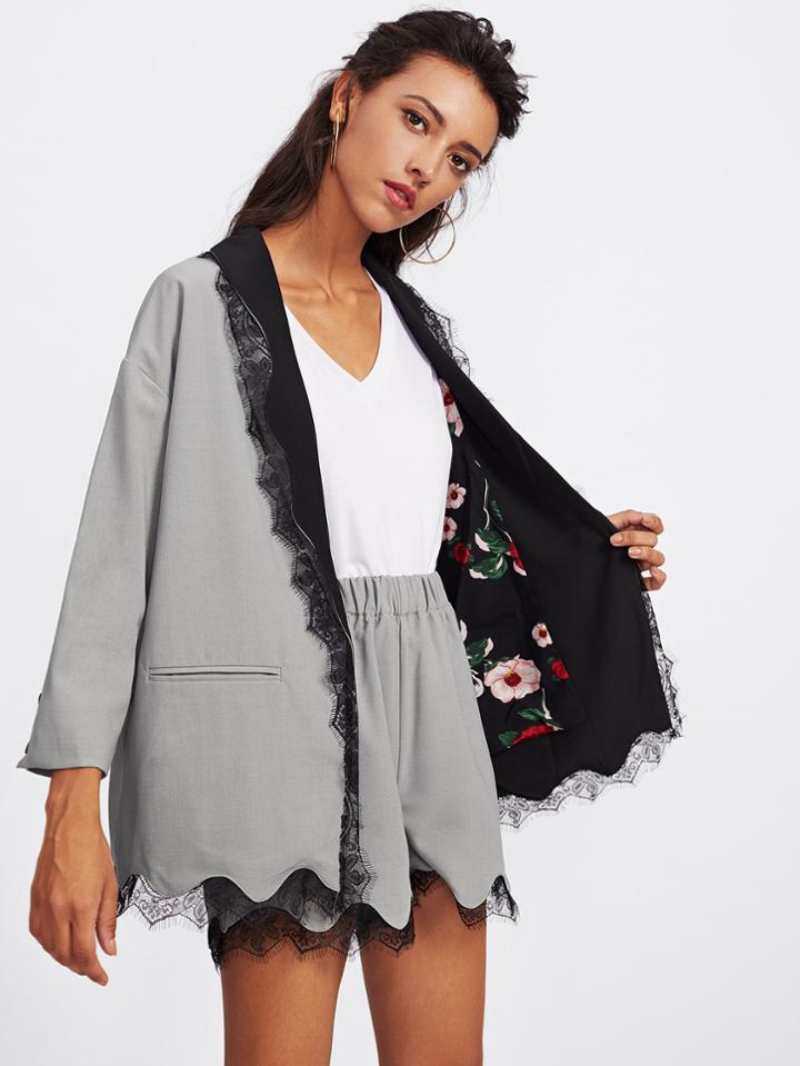 Shein Contrast Scallop Eyelash Lace Blazer With Shorts