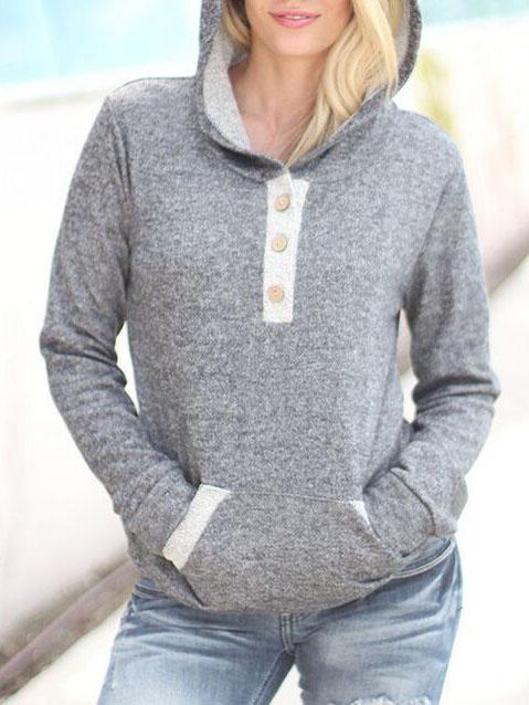 Shein Grey Hooded Long Sleeve Buttons Sweatshirt