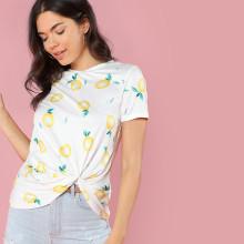 Shein Lemon Print Twist Hem T-shirt