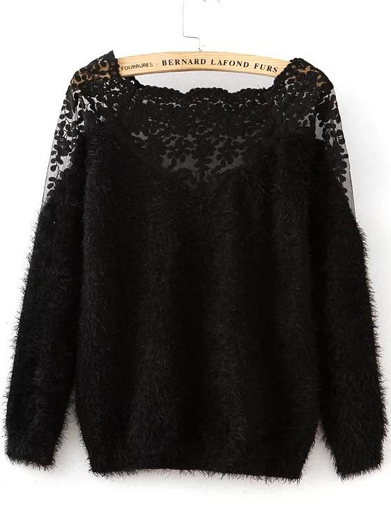 Shein Lace Insert Boat Neckline Mohair Sweater