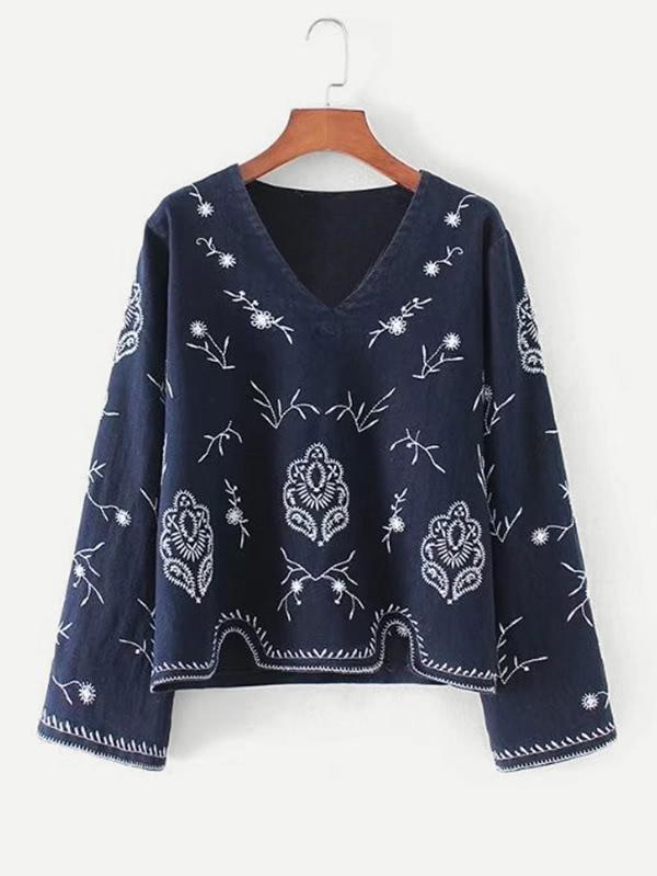 Shein Asymmetrical Hem Embroidery Blouse