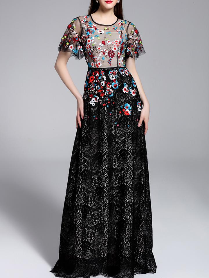 Shein Black Sheer Gauze Embroidered Maxi Lace Dress
