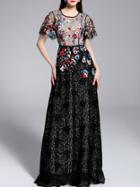 Shein Black Sheer Gauze Embroidered Maxi Lace Dress
