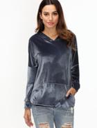 Shein Navy Hooded Drop Shoulder Pocket Velvet Sweatshirt