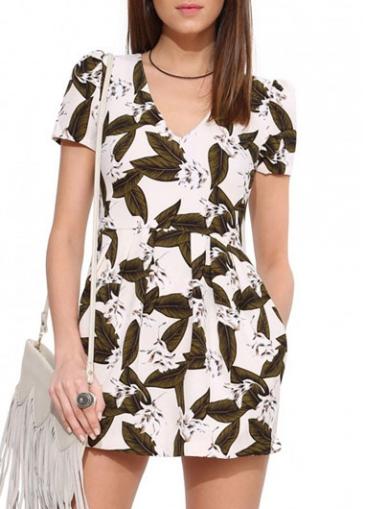 Rosewe V Neck Short Sleeve Leaf Print Romper